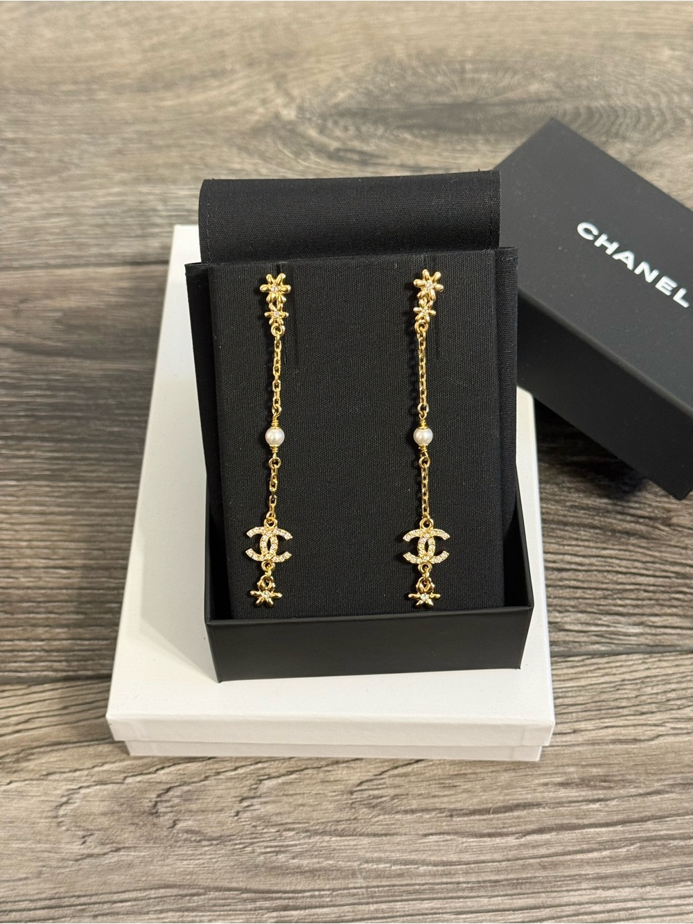 CHANEL Gold Flower Crystal CC Long Chain Dangle Earrings
